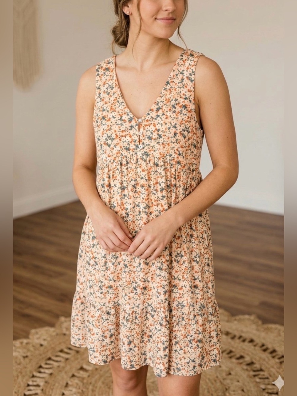 Gilli Peach Cream Orange Ivy Floral Tiered Tank Top Dress - Size Medium